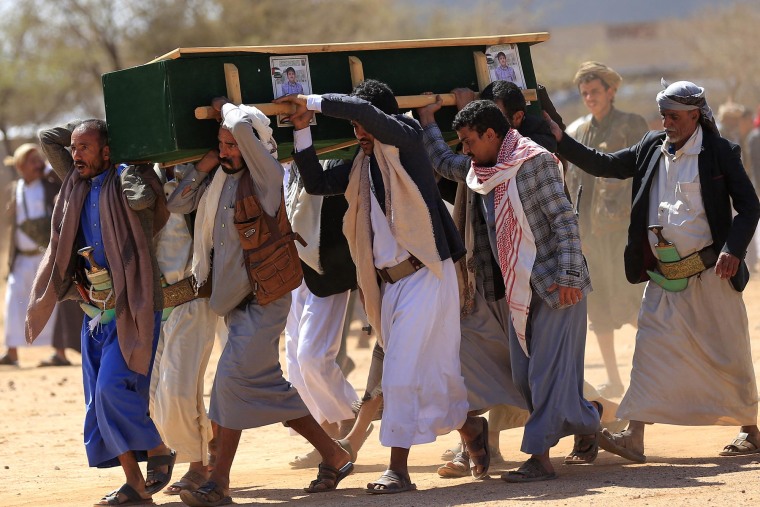 Yemenis attend the funeral of people killed in reported U.S. strikes the previous week, in the Houthi-controlled Yemeni capital Sanaa, on May 1, 2025.