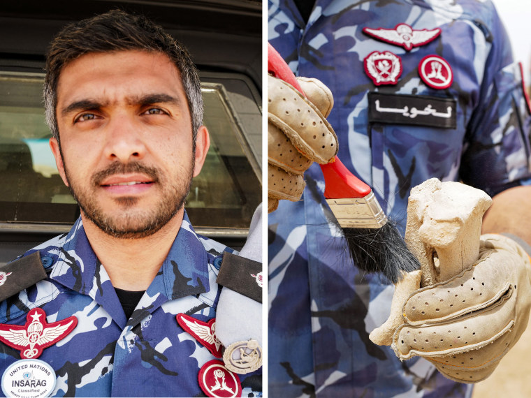 Major Khaled Al-Hemaidi of a Qatar search and rescue team, working to discover human remains in northern Syria.