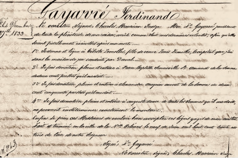 Record from 1833 noting earnings from Gayarré are to be sent to Celeste Lemelle.