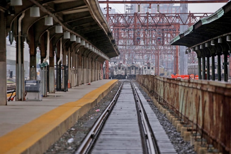 Trains sit at the Hoboken Station in New Jersey on May 16, 2025.
