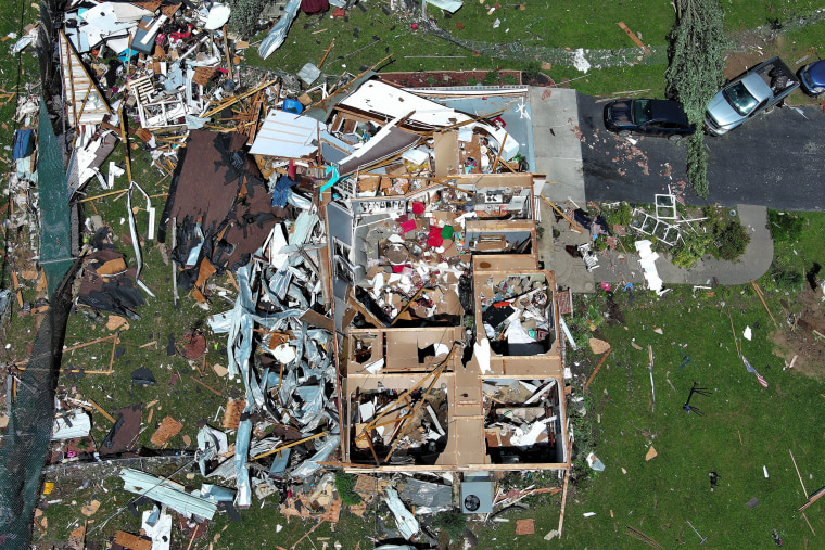 Damage in the Sunshine Hill subdivision after a tornado tore through Laurel County and London, Ky.