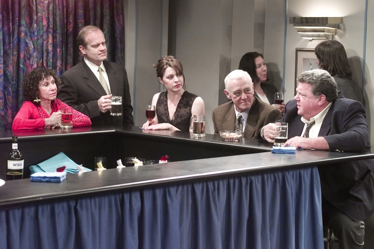 Rhea Perlman as Carla Tortelli LeBec, Kelsey Grammer as Dr. Frasier Crane, Jane Leeves as Daphne Moon, John Mahoney as Martin Crane and George Wendt as Norm Peterson on "Frasier" in 2001.