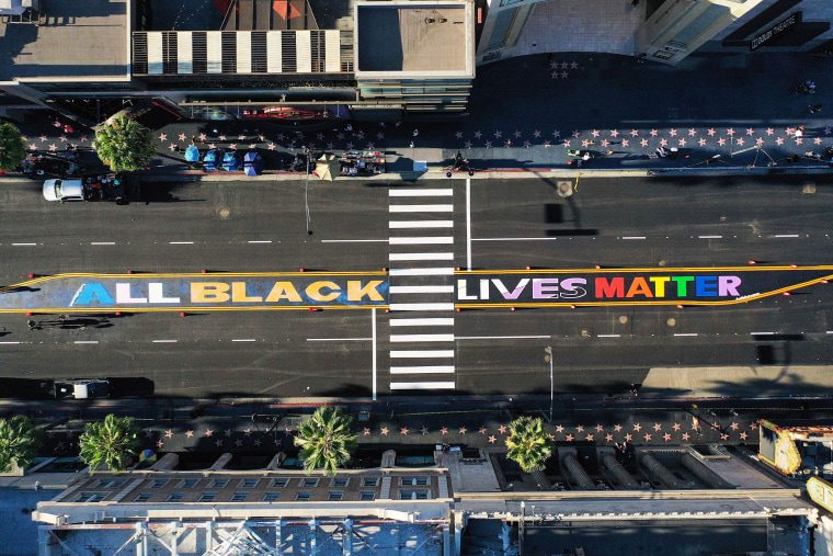 An aerial view the 'All Black Lives Matter' mural on Hollywood Boulevard