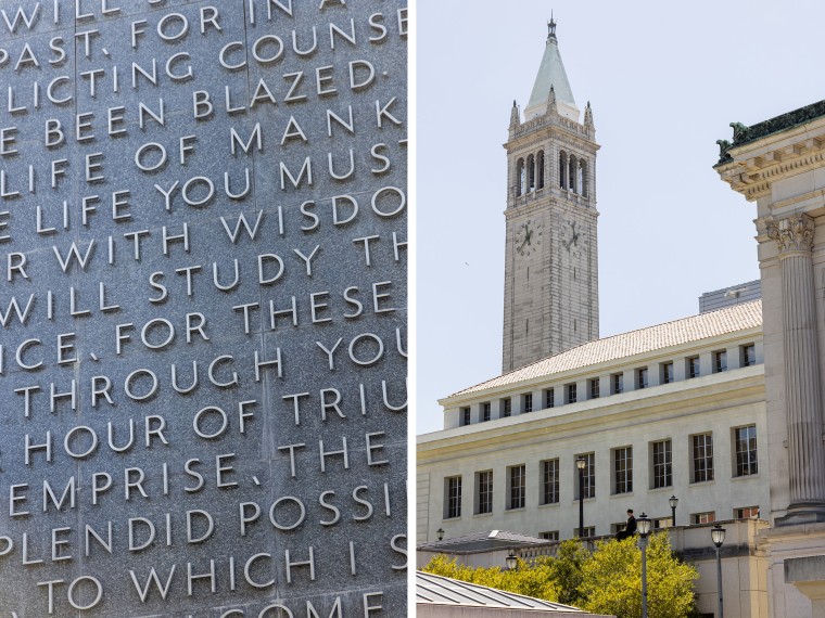 Side by side of a mural and clocktower at US Berkeley.