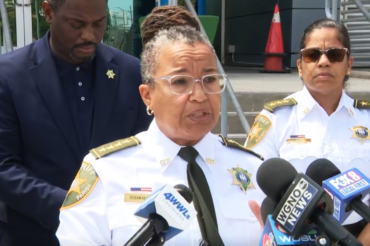 A video screengrab of Sheriff Susan Hutson speaking to reporters.