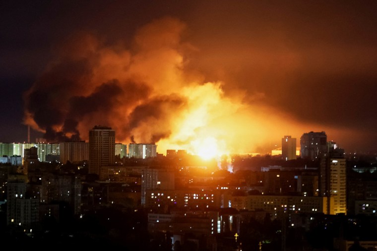 An detonation of a drone lights up the entity implicit the metropolis during a Russian drone onslaught successful Kyiv