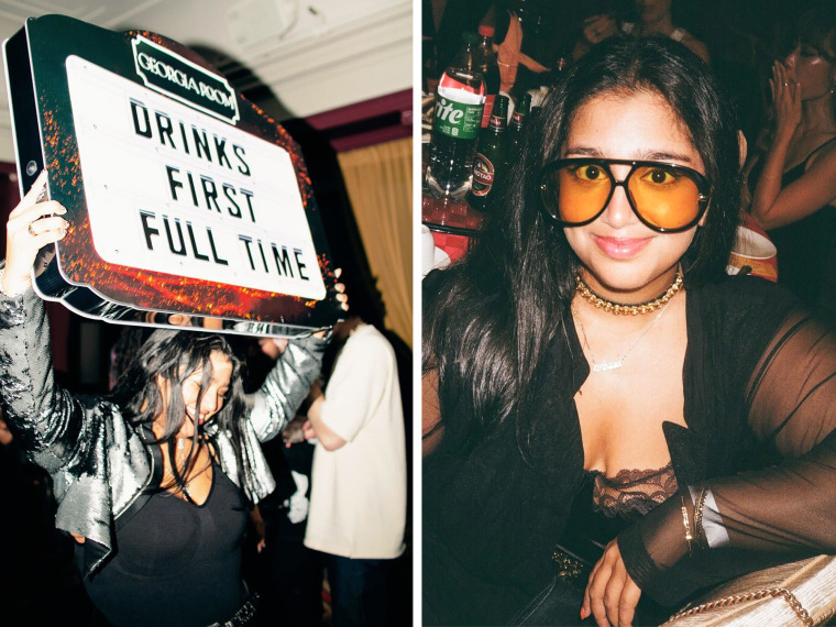 A split composite image of Ariana Nanthani holding a sign that says "Drinks First Full Time", left, and and Ariana Nathani seated wearing sunglasses and smiling for a portrait