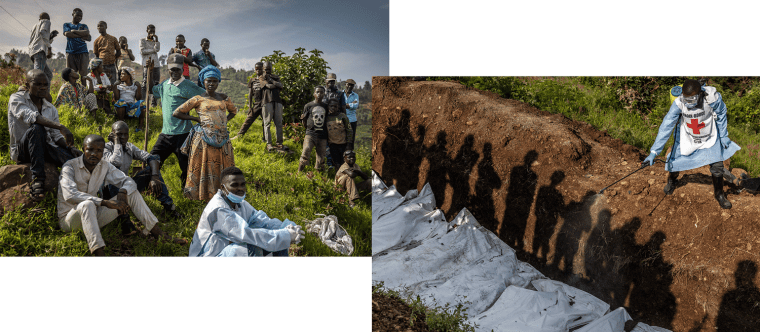Residents watch a member of the Congolese Red Cross spraying disinfectant on body bags during a mass burial for victims in the eastern Congo city of Bukavu on Feb. 20.