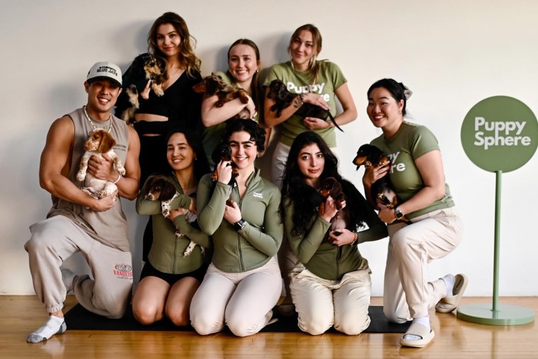 A group of people hold puppies inside of a studio, next to a sign that says "Puppy Sphere"