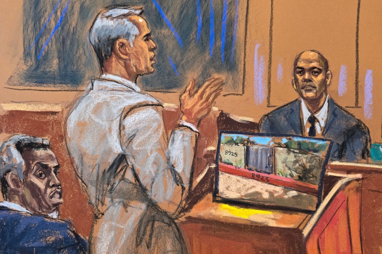 Sean "Diddy" Combs watches as his defense lawyer Brian Steel cross examines Los Angeles Police Department Officer Christopher on May 28, 2025.