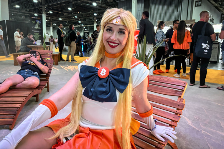 Bitcoin investor Audrey Geiger at the Bitcoin 2025 conference, dressed in costume.