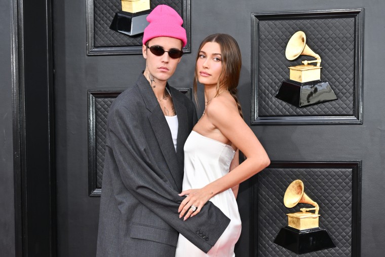 Justin and Hailey Bieber pose on the red carpet