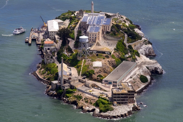 An aerial view shows Alcatraz island in San Francisco, California, on May 16, 2024.
