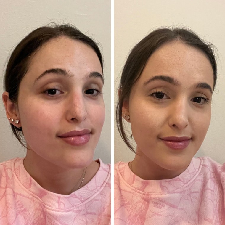 Side by side of woman with no makeup and same woman with the Armani Beauty foundation
