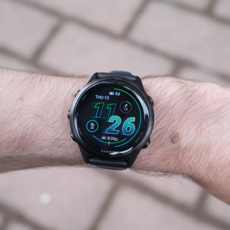 The Garmin Forerunner 570 on the wrist of NBC Select reporter Harry Rabinowitz.