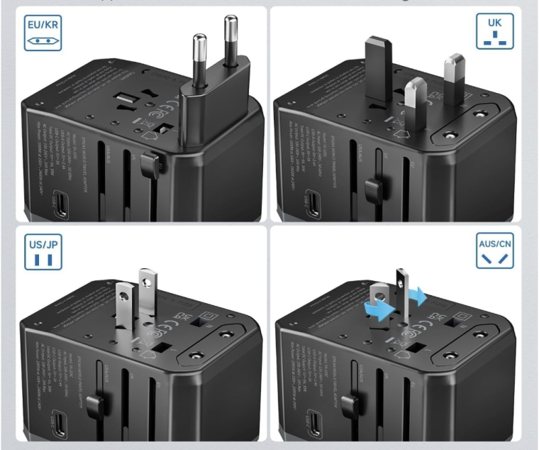 A split image of a universal power adapter, showing different plugs for different regions.