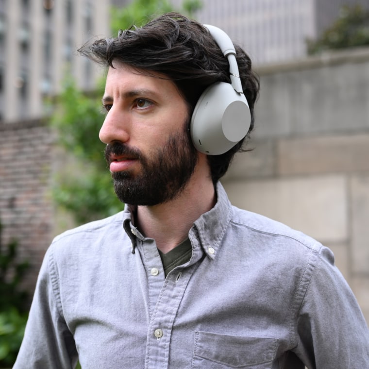 The Sony WH-1000XM6 headphones on the head of NBC Select reporter Harry Rabinowitz.
