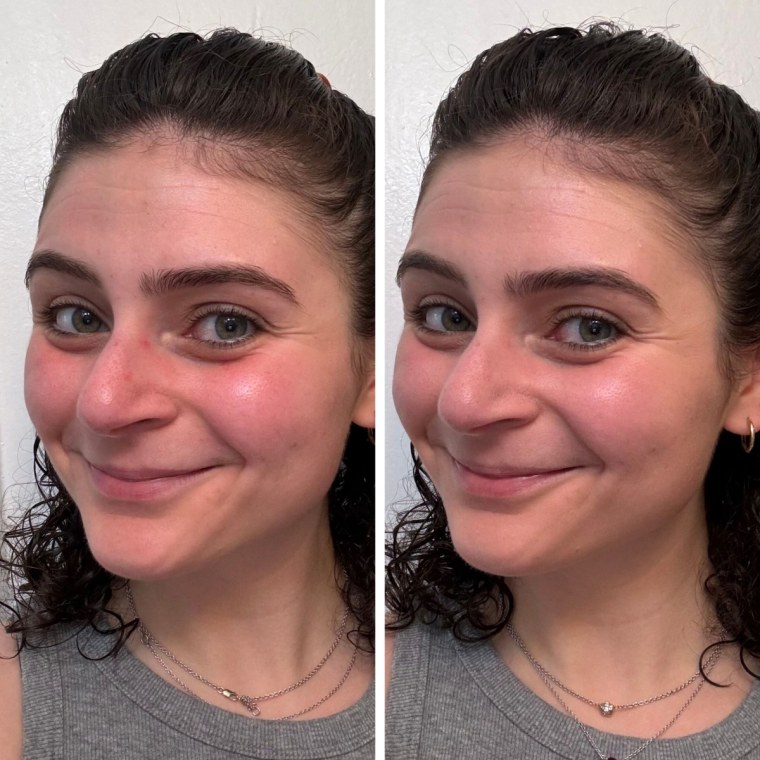 Side by side of woman with no makeup and same woman with the Tower 28 tinted sunscreen foundation