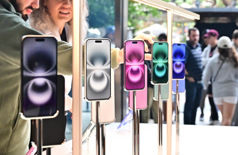 The new Apple iPhone 16 models on display upon release on September 20, 2024 at the Apple Store at The Grove in Los Angeles, California.
