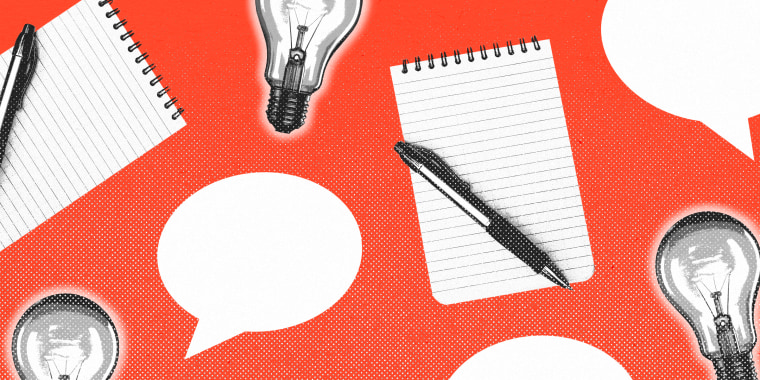 Light bulbs, note pads and pens, and speech bubbles repeated in a pattern against a red background.