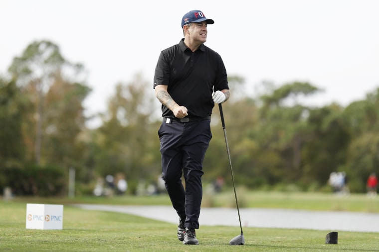 Carson Daly plays his shot on the three tee during the pro-am prior to the PNC Championship.