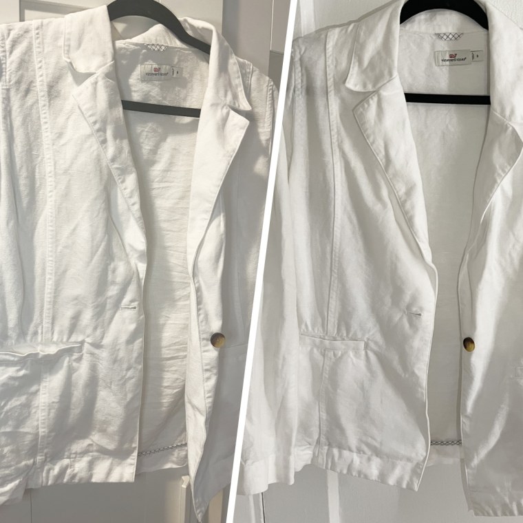 This photo showcases before vs. after the Cold Iron Wrinkle Release Spray was applied to this blazer.