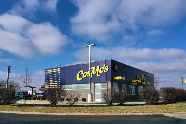 An aerial view shows a Cosmc restaurant, a concept recently released by McDonald's on December 11, 2023 in Bolingbrook, Illinois.