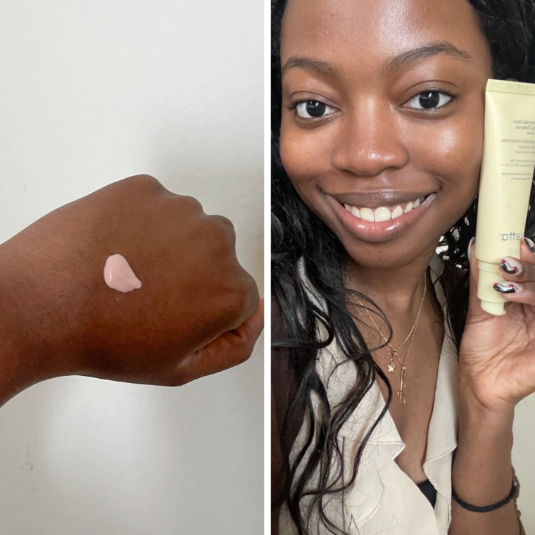 A woman’s hand with a drop of Dr. Loretta Antioxidant Sunscreen SPF 40 on it, left, and a woman holding a bottle of the sunscreen next to her face, right.