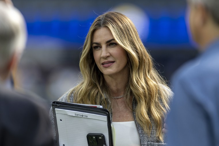 Fox sportscaster Erin Andrews on the field during pregame warmups before an NFL football game between the Buffalo Bills and Los Angeles Rams at SoFi Stadium, December 8, 2024, in Inglewood, California.