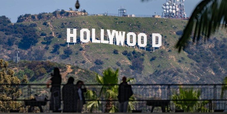 General view of the Hollywood Sign from Hollywood & Highland on April 04, 2025 in Hollywood, California.