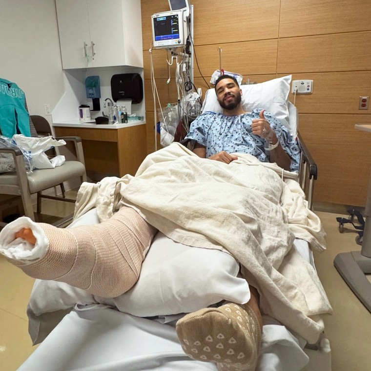 Jayson Tatum in the hospital after his season-ending injury May 14.