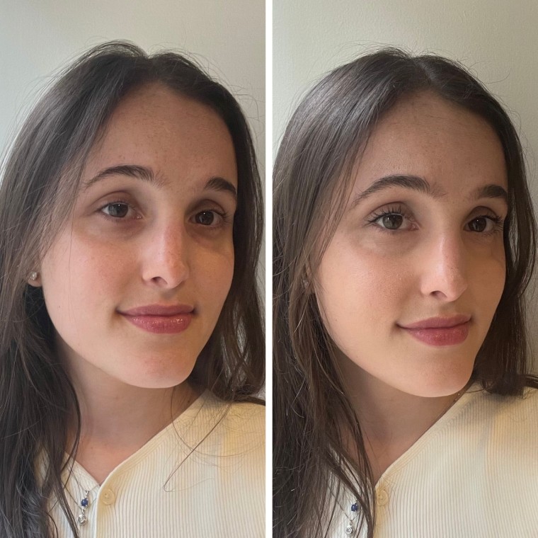 Side by side of woman not wearing makeup and same woman wearing the Jones Road foundation