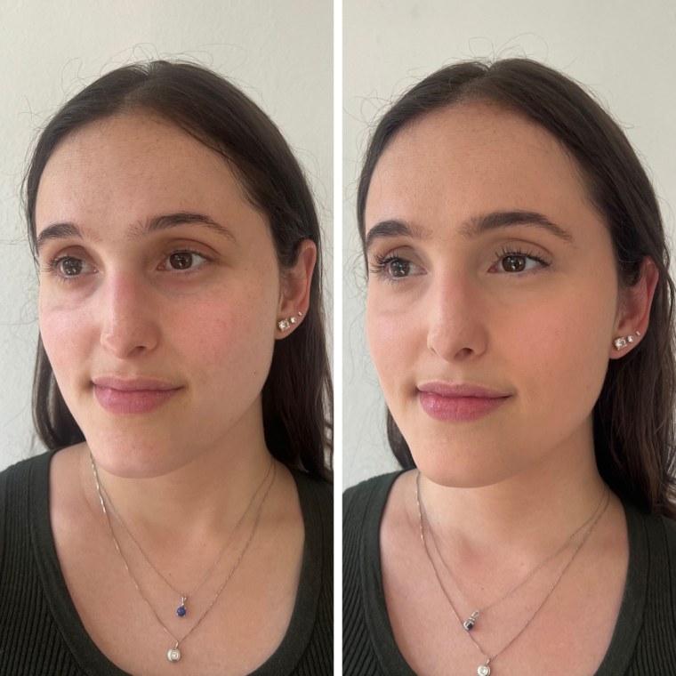Side by side image of woman not wearing foundation and wearing foundation.
