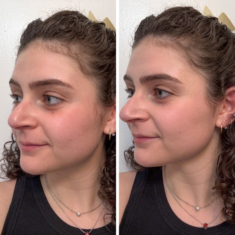 A woman’s face before wearing Merit’s The Uniform Tinted Mineral SPF 45, left, and after, right.