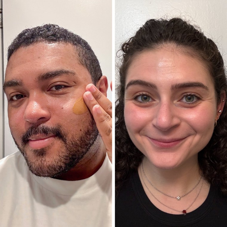 A man applying Merit The Uniform tinted sunscreen, left, and a woman wearing the product on her face, right.