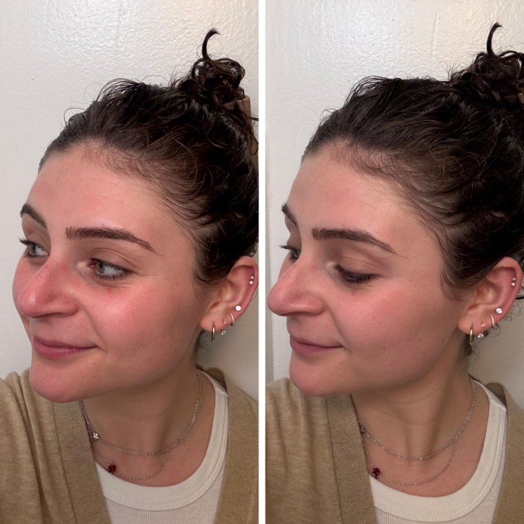 A woman’s face before applying Supergoop! Protec(tint) Daily Tint SPF 50, left, and after, right.