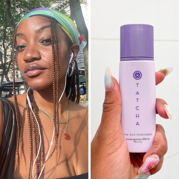 Left: Hand holding Tatcha The Silk Sunscreen against tiled bathroom wall. Right: Morris wearing Tatcha The Silk Sunscreen, wearing earphones and a multicolored bandana in a park.