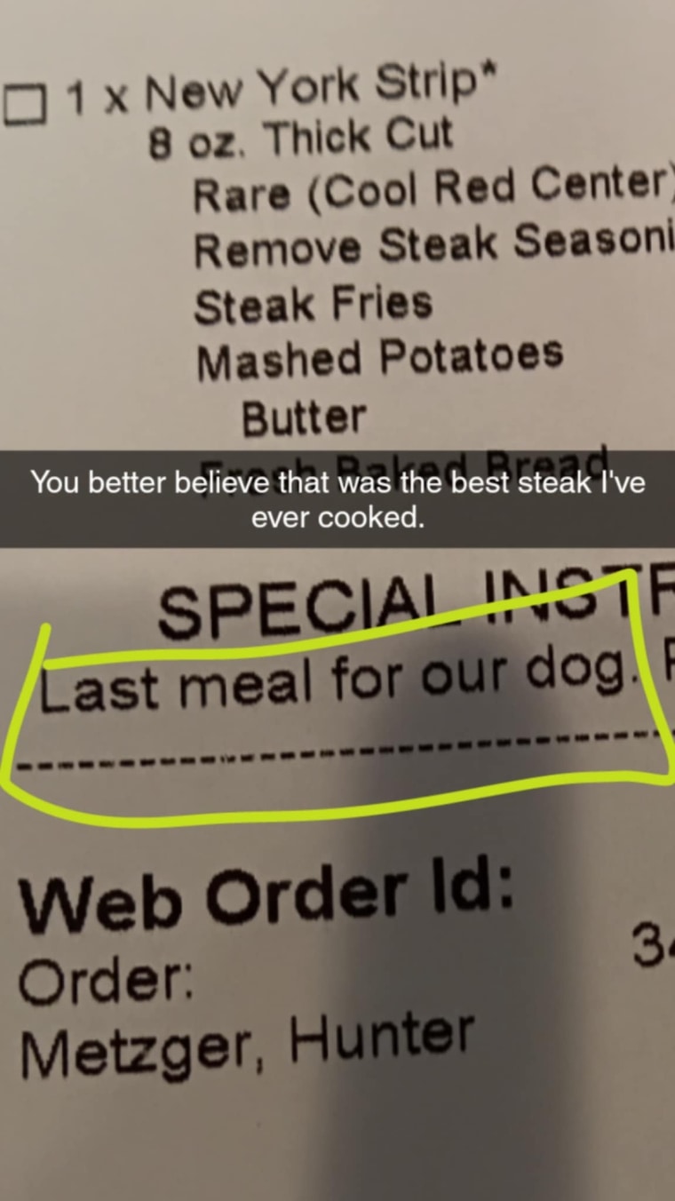 Kate Weston's Snapchat of Hunter Metzger's order.
