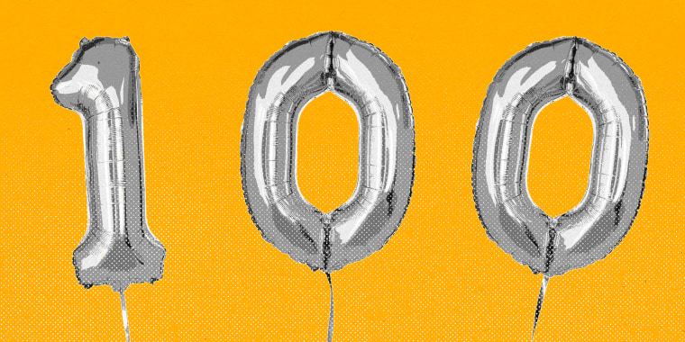 Balloons that spell the number 100, against a yellow background.