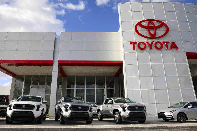 New vehicles displayed for sale at a Toyota Motor Corp. dealership in Miami, Florida, US, on Saturday, April 5, 2025.