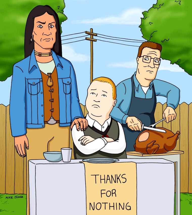 From left, John Redcorn, Bobby Hill, Hank Hill in an episode of "King of the Hill."
