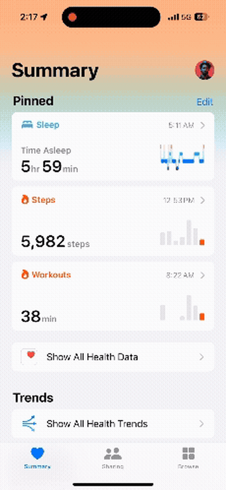 A video of the Apple health app, scrolling through the home screen.
