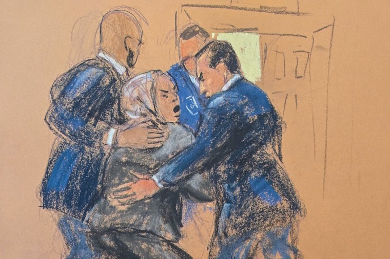 A courtroom sketch of a shouting woman is escorted from the courthouse by marshals