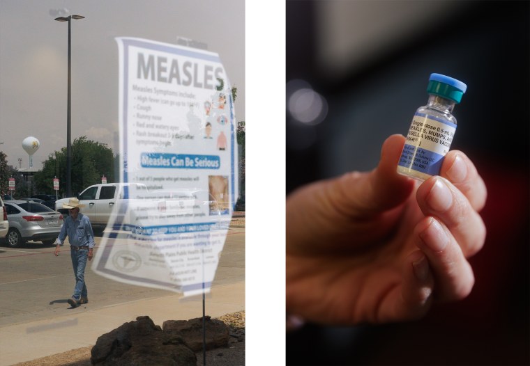 Informational signs were posted throughout Seminole in English, Spanish and Low German. Right, Dr. Leila Myrick holds a vial of the measles vaccine.