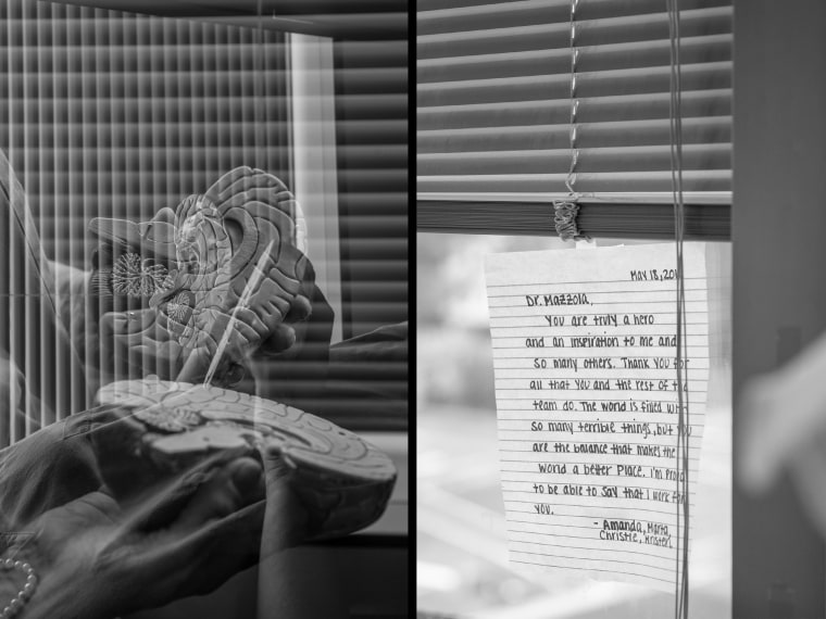 Side by side of Dr. Mazzola holding a brain model and a note from a patient.