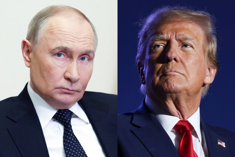A split composite image of Vladimir Putin, left, and Donald Trump