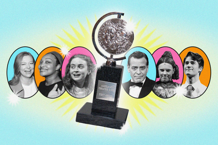 Tony Awards trophy with portraits of Sarah Snook, Natalie Venetia Belcon, Sadie Sink, George Clooney, Cole Escola, and Darren Criss