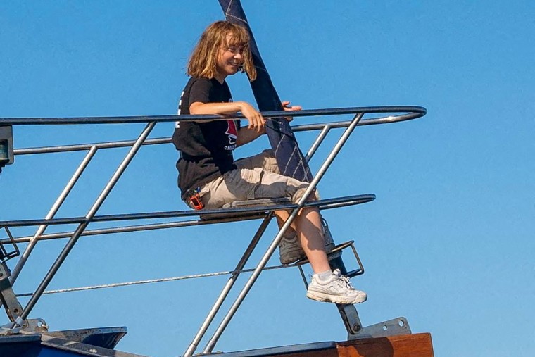 Activist Greta Thunberg sits aboard the assistance vessel Madleen