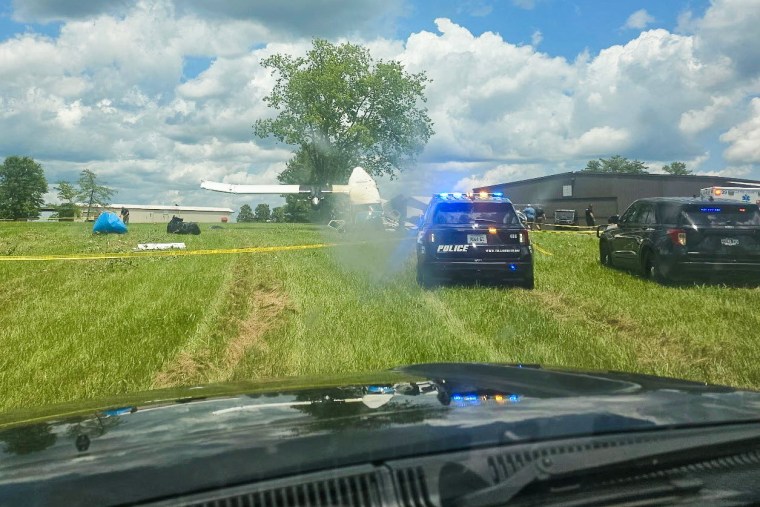 Police cars are seen on a lawn in front of a crashed plane leaning up against a tree