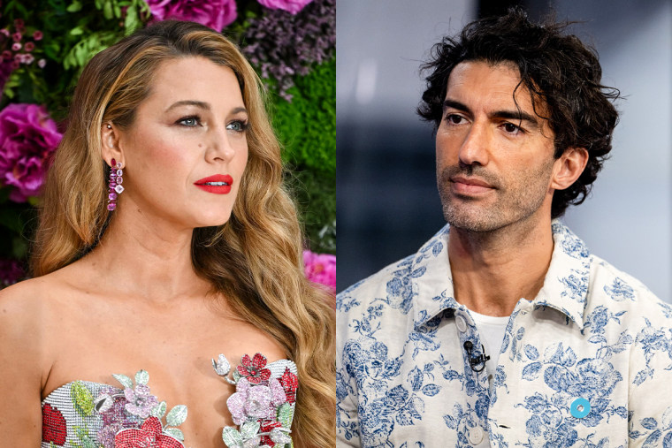 A split composite image of Blake Lively, left, and Justin Baldoni